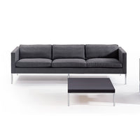 Modern gray sofa with three plush cushions and sleek chrome legs, paired with a minimalist black coffee table.