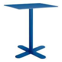 Blue square table with a sleek, modern design and a four-legged base. Perfect for contemporary settings.