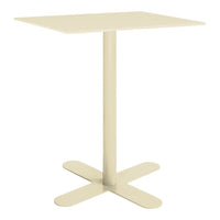 Cream-colored square table with a minimalist design and a sturdy cross-base pattern. Perfect for modern decor.