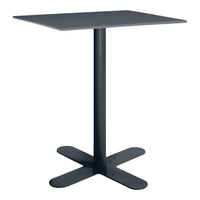Sleek black square table with a smooth surface and a minimalist design, featuring a sturdy crossbase.