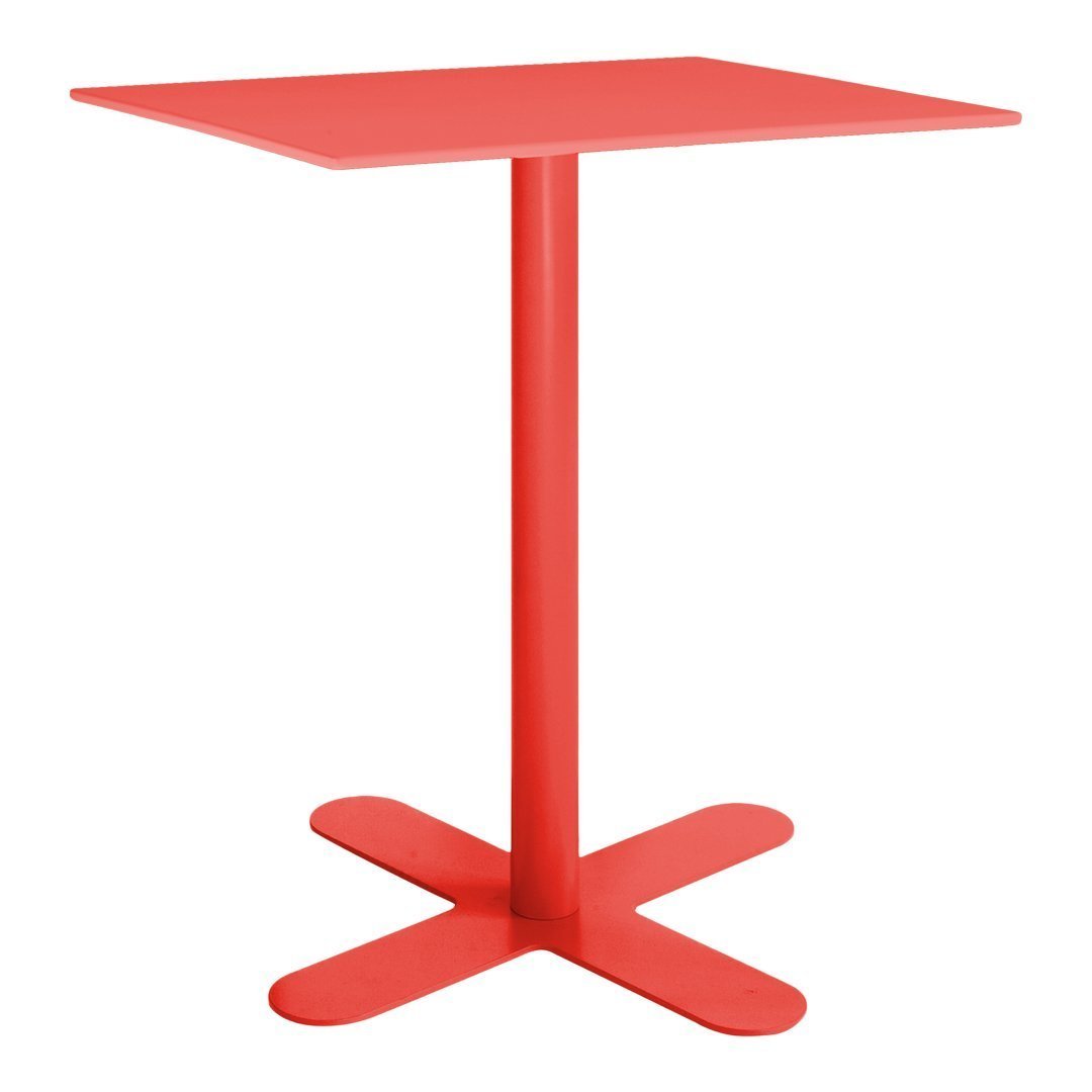 Bright red square table with a sleek design and a sturdy, modern base. Perfect for contemporary settings.