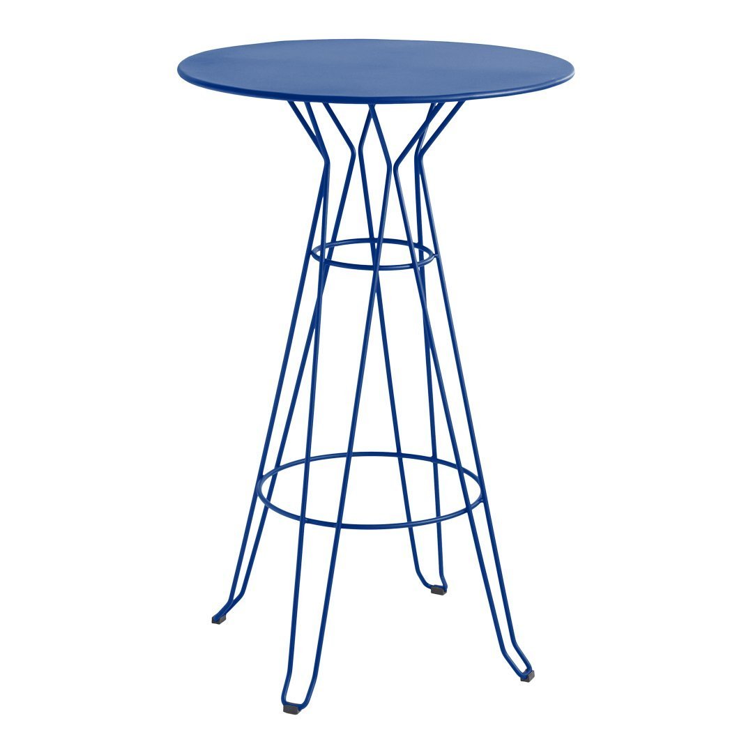 Blue round tabletop with a geometric wire base, perfect for modern decor. Ideal for both indoor and outdoor settings.