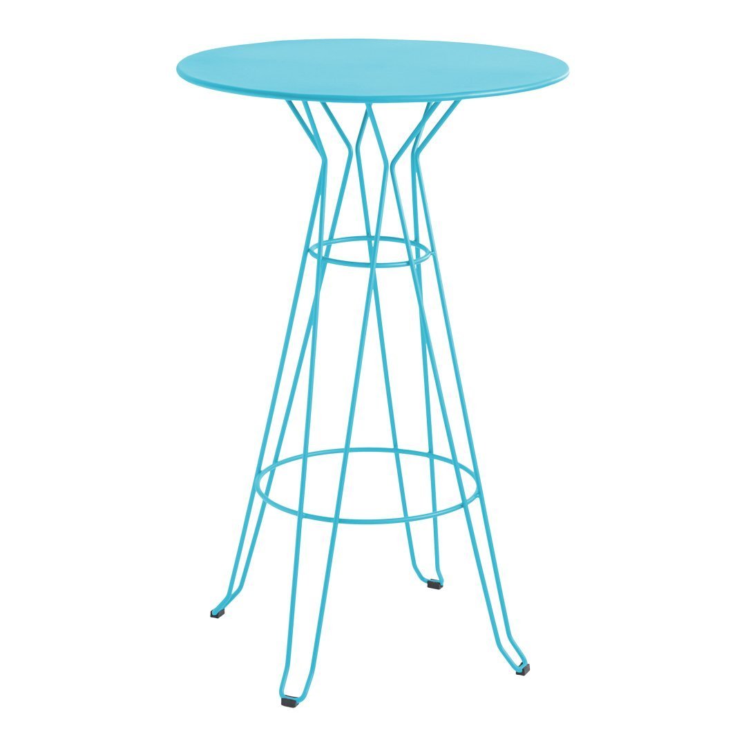 Light blue round tabletop with a geometric wire base, perfect for a modern decor accent.