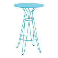 Light blue round tabletop with a geometric wire base, perfect for a modern decor accent.