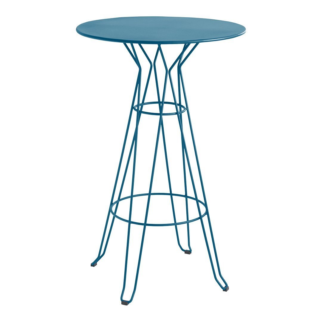 Turquoise round table with geometric wire legs, featuring a sleek, modern design and vibrant color.