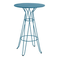 Turquoise round table with geometric wire legs, featuring a sleek, modern design and vibrant color.