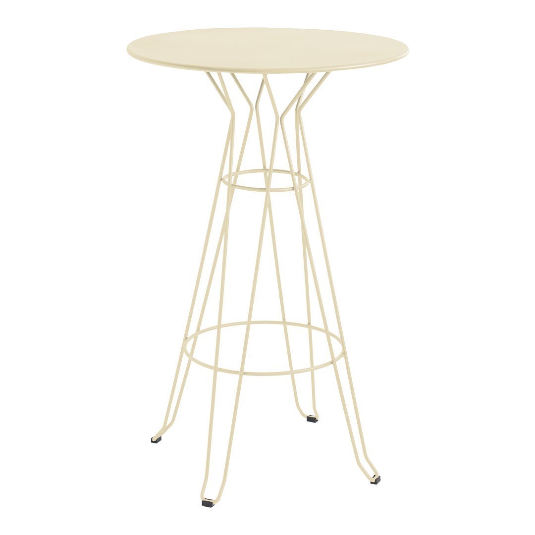 Light cream round tabletop with a minimalist wire base, featuring a geometric pattern and sleek modern design.