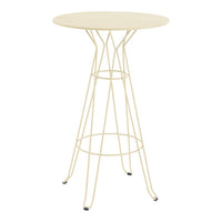 Light cream round tabletop with a minimalist wire base, featuring a geometric pattern and sleek modern design.