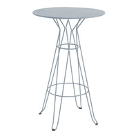Light blue round table with a sleek wire base and minimalist design, ideal for modern spaces.