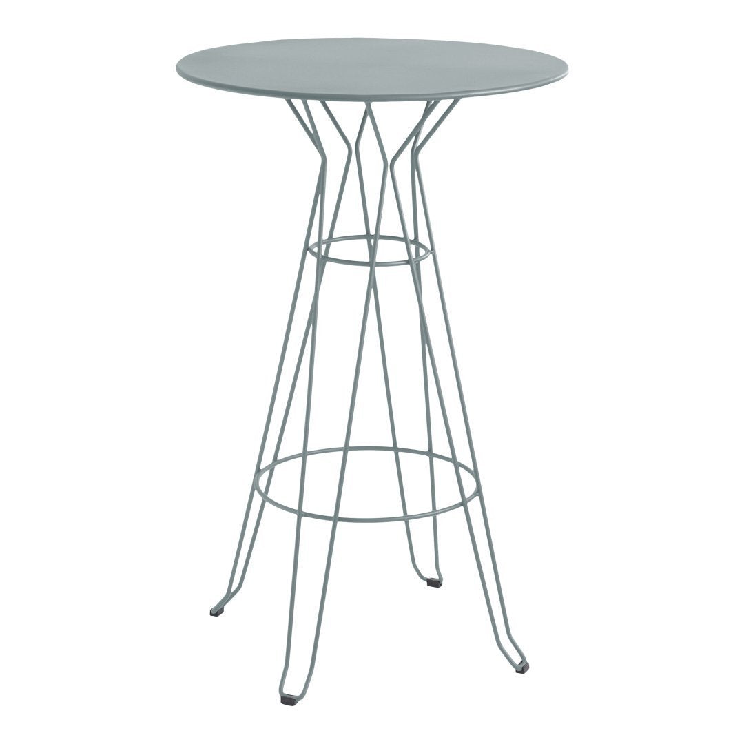 Round light blue table with a minimalist wire base, featuring a sleek, modern design and smooth finish.