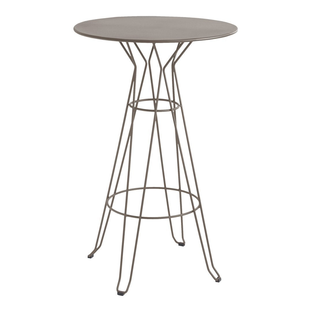 Gray round tabletop with a minimalist wire base, featuring a sleek, modern design. Ideal for contemporary spaces.
