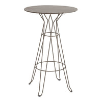Gray round tabletop with a minimalist wire base, featuring a sleek, modern design. Ideal for contemporary spaces.