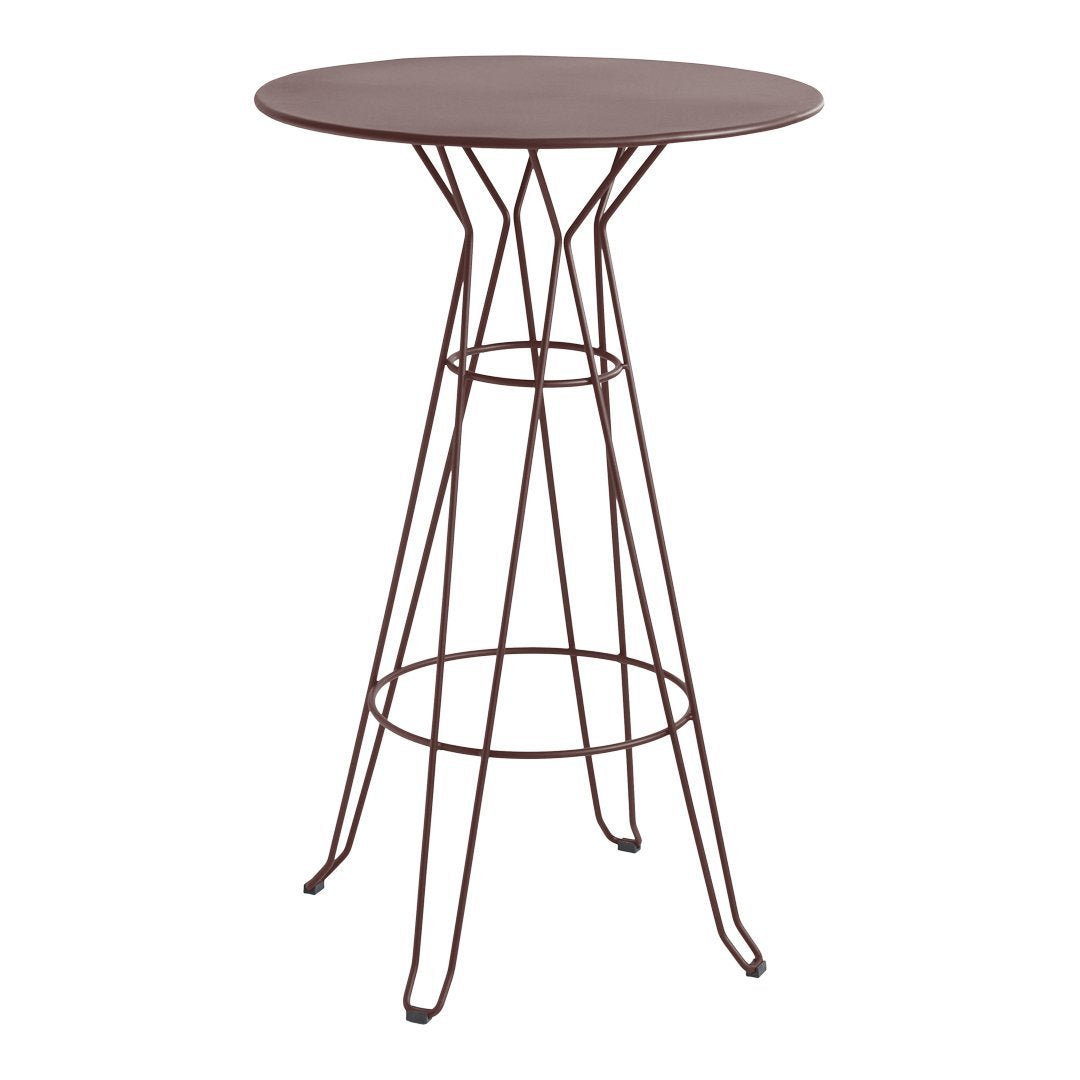 Round brown table with a sleek wire base, perfect for modern decor.