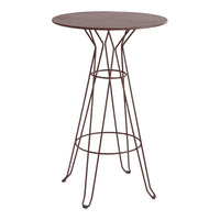 Round brown table with a sleek wire base, perfect for modern decor.