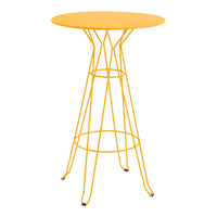 Vibrant yellow round table with a modern wire base, perfect for stylish outdoor or indoor decor.