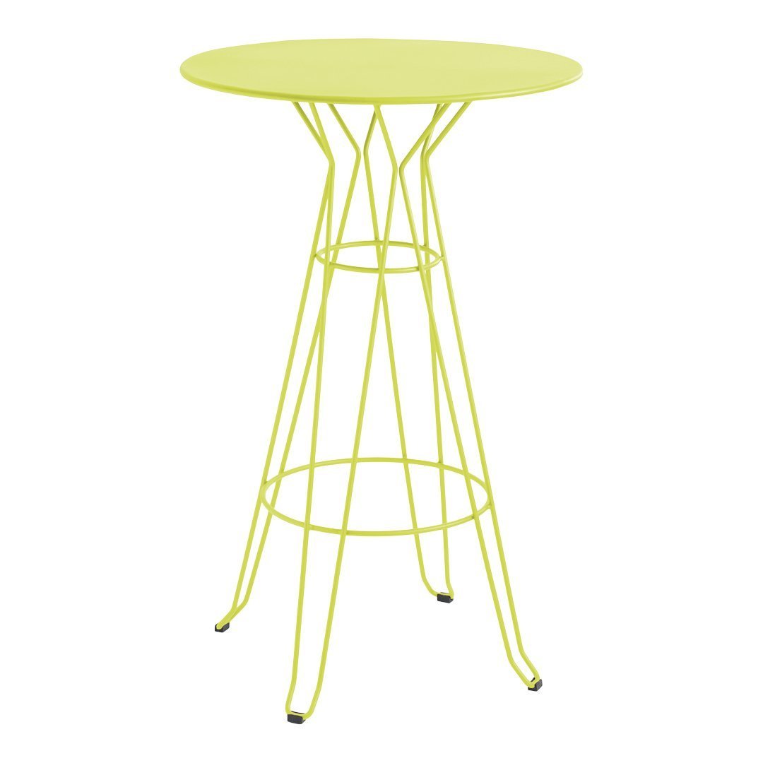 Bright lime green round bar table with a sleek geometric wire design. Ideal for modern outdoor or indoor spaces.