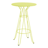 Bright lime green round bar table with a sleek geometric wire design. Ideal for modern outdoor or indoor spaces.