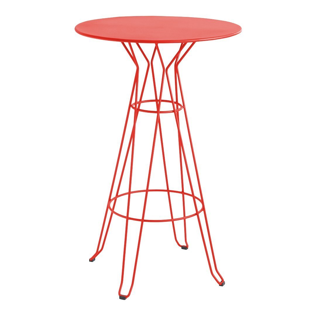 Red round table with a modern wire-frame design, featuring sleek lines and a vibrant finish.