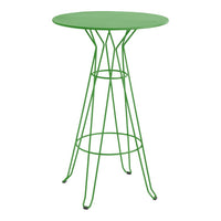 Vibrant green metal bar table with a minimalist wire design, perfect for outdoor and modern spaces.