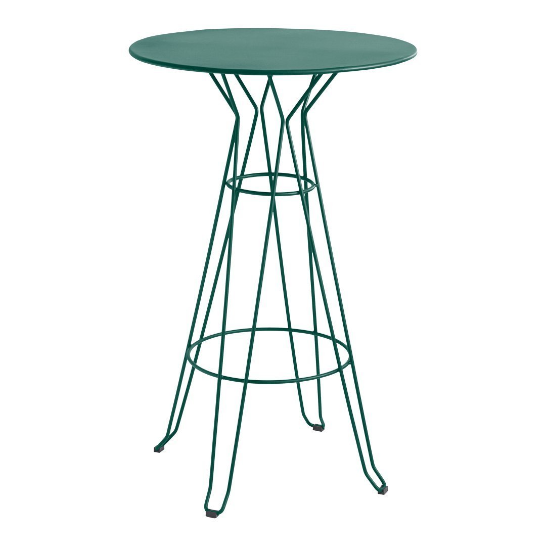 Green metal bar table with a round top and geometric wire base, perfect for modern outdoor or indoor spaces.