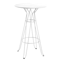 White round tabletop with a sleek wire frame base, modern minimalistic design. Ideal for contemporary spaces.