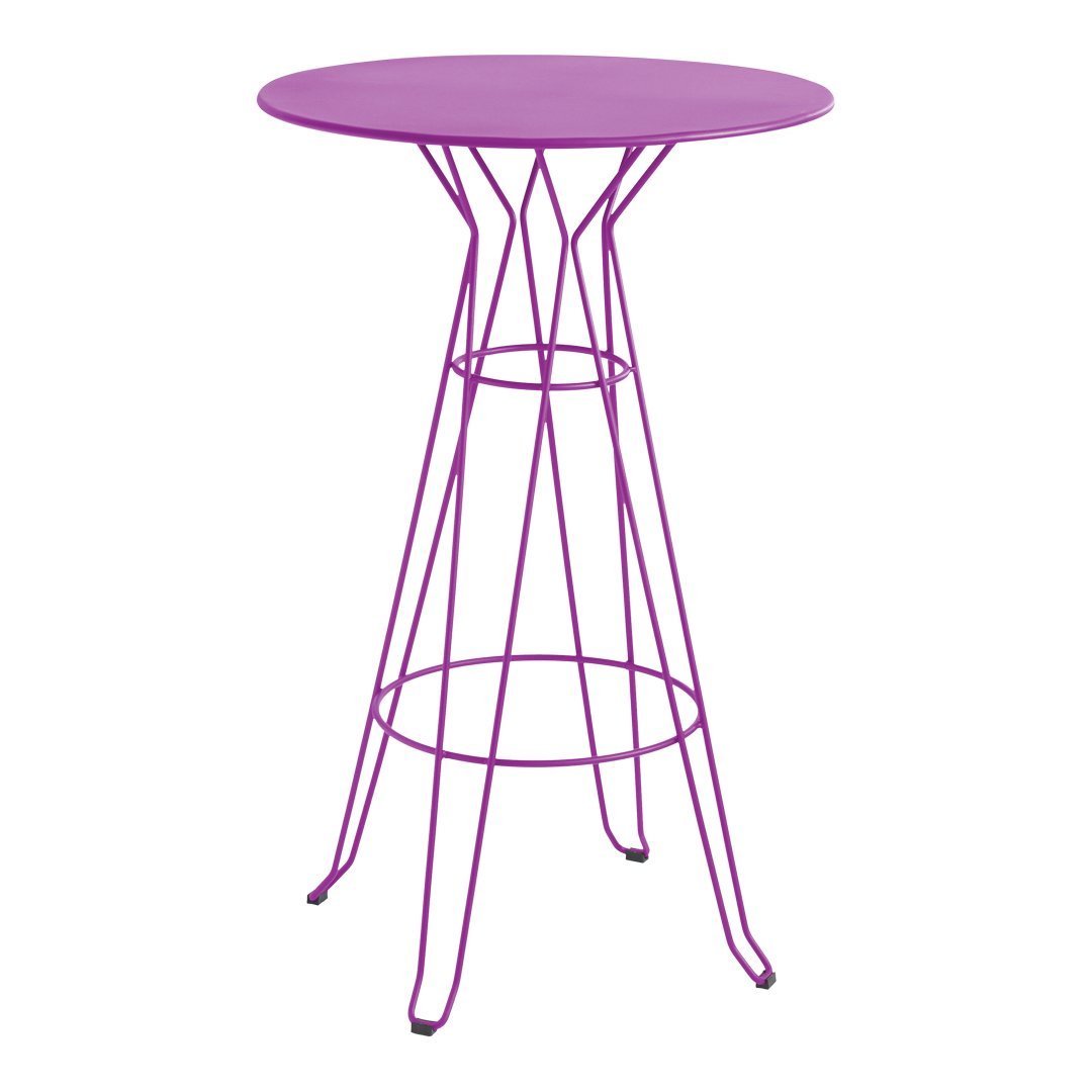 Purple round table with sleek wireframe legs, perfect for modern decor. Ideal for indoor or outdoor use.