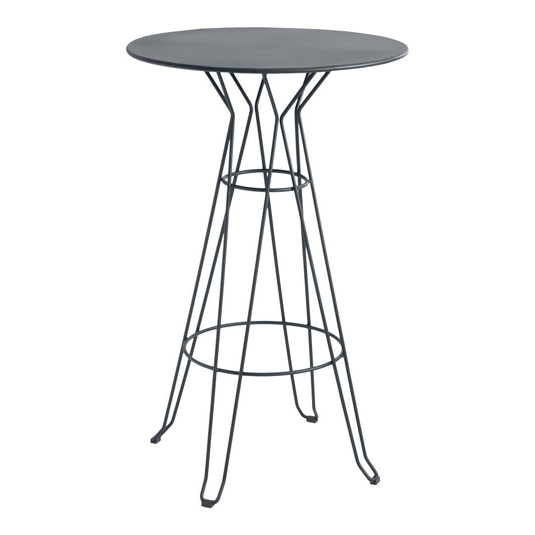 Black round top bar table with a sleek wire base, featuring a minimalist design and modern aesthetic.