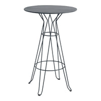 Black round top bar table with a sleek wire base, featuring a minimalist design and modern aesthetic.