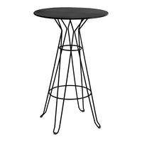 Black round bar table with minimalist wire legs, perfect for modern decor and stylish settings.