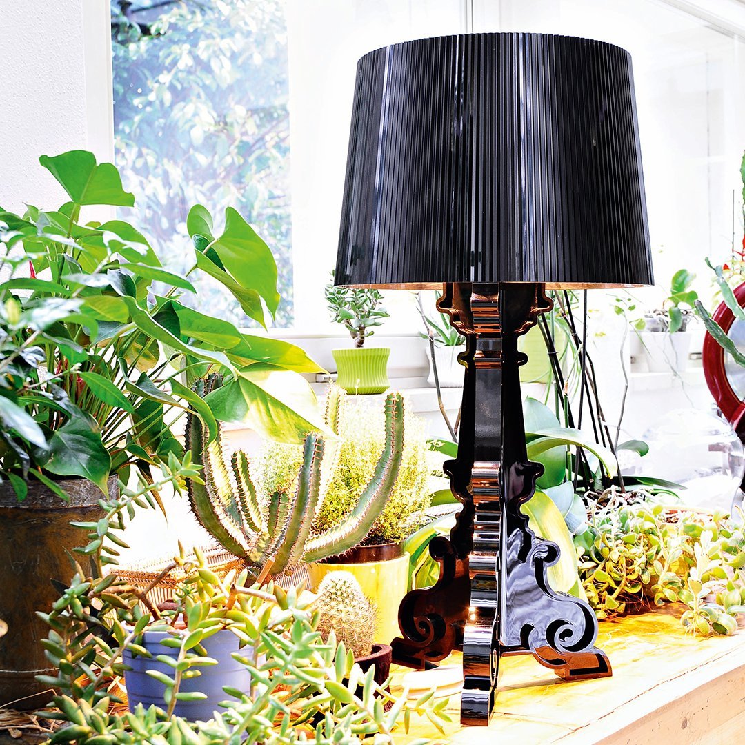 Black pleated lampshade on a glossy black base, surrounded by vibrant green plants and cacti.