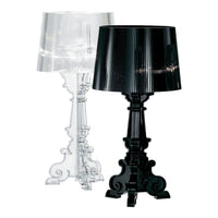 "Elegant black and clear table lamps with ribbed shades and ornate bases, adding a stylish touch to any decor."