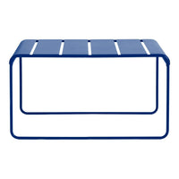 Blue metal coffee table with slatted top design and sleek frame, perfect for modern decor.