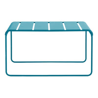 Teal metal table with slatted top design and sleek, modern frame. Ideal for stylish outdoor or indoor settings.