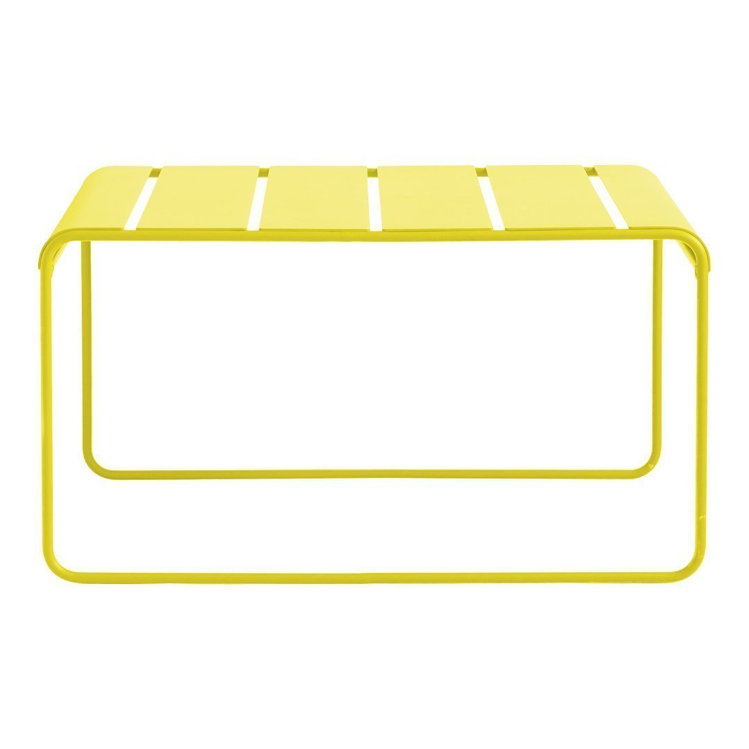 Bright yellow metal coffee table with a slatted top and minimalist design, perfect for modern outdoor spaces.