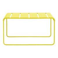 Bright yellow metal coffee table with a slatted top and minimalist design, perfect for modern outdoor spaces.