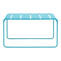Bright turquoise metal table with sleek slatted top design. Perfect for modern outdoor or indoor decor.