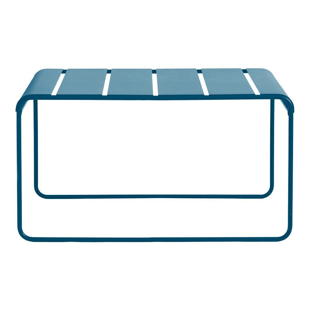 Blue metal coffee table with sleek, slatted design and open frame for a modern look. Ideal for indoor or outdoor use.