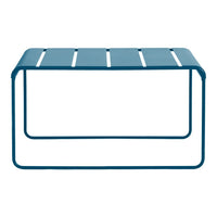 Blue metal coffee table with sleek, slatted design and open frame for a modern look. Ideal for indoor or outdoor use.