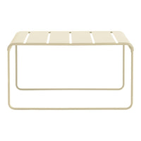 Light beige metal table with a sleek, slatted top and minimalist design, perfect for modern decor.