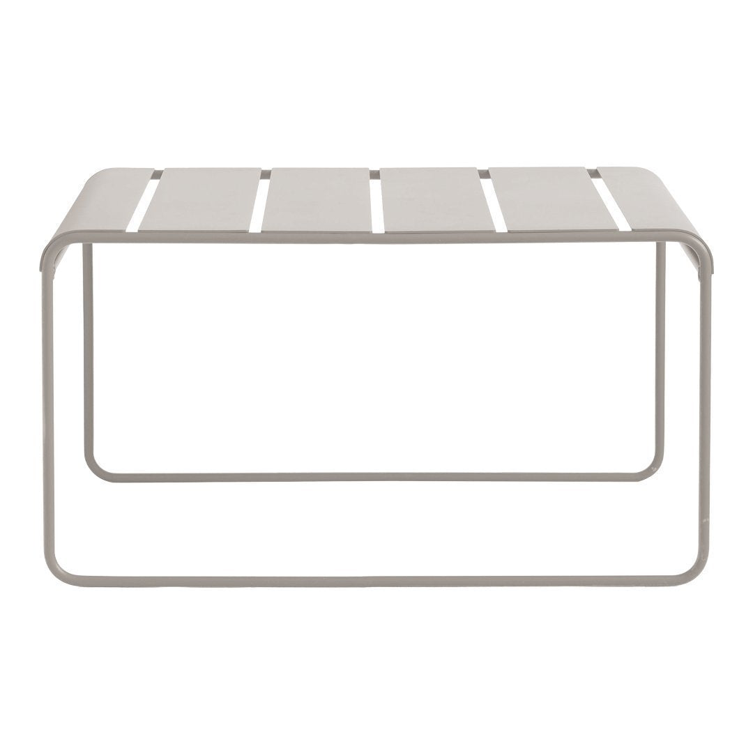 Light gray metal coffee table with slatted surface and minimalistic design. Perfect for modern interiors.