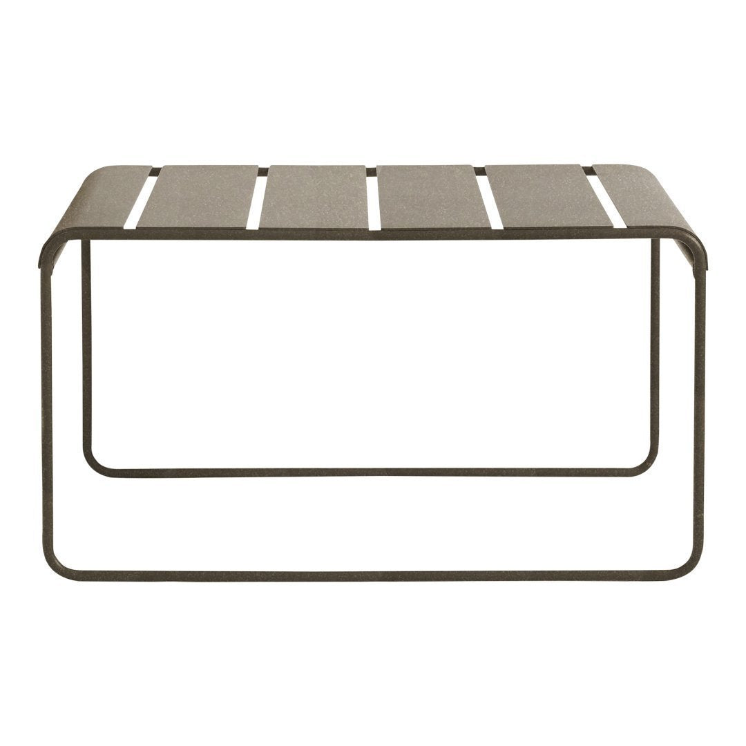 Brown metal coffee table with a sleek, striped slat design and minimalistic frame. Ideal for modern decor.