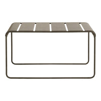 Brown metal coffee table with a sleek, striped slat design and minimalistic frame. Ideal for modern decor.
