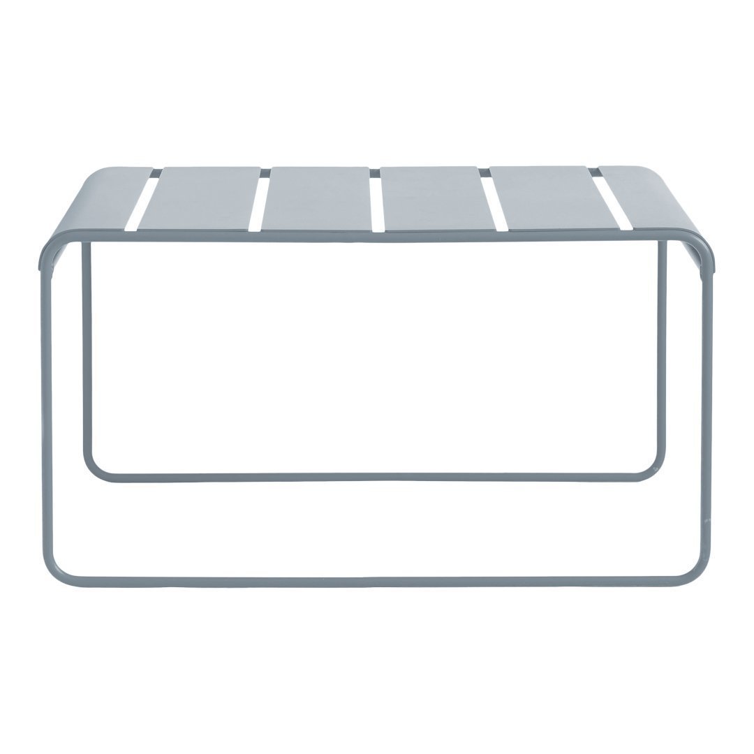 Gray metal coffee table with sleek, minimalist design and horizontal slat pattern. Perfect for modern decor.