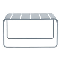 Gray metal coffee table with sleek, minimalist design and horizontal slat pattern. Perfect for modern decor.