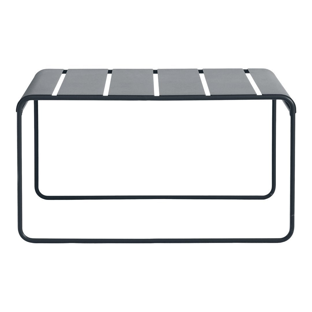 Black metal table with sleek, minimalist slatted top design and sturdy frame. Perfect for modern decor.