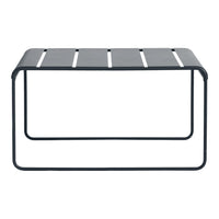 Black metal table with sleek, minimalist slatted top design and sturdy frame. Perfect for modern decor.