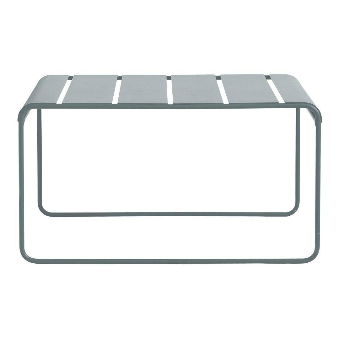 Gray metal coffee table with a minimalistic slatted design and clean lines, perfect for modern decor.