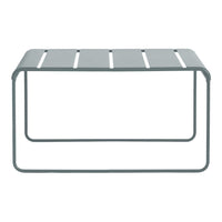 Gray metal coffee table with a minimalistic slatted design and clean lines, perfect for modern decor.