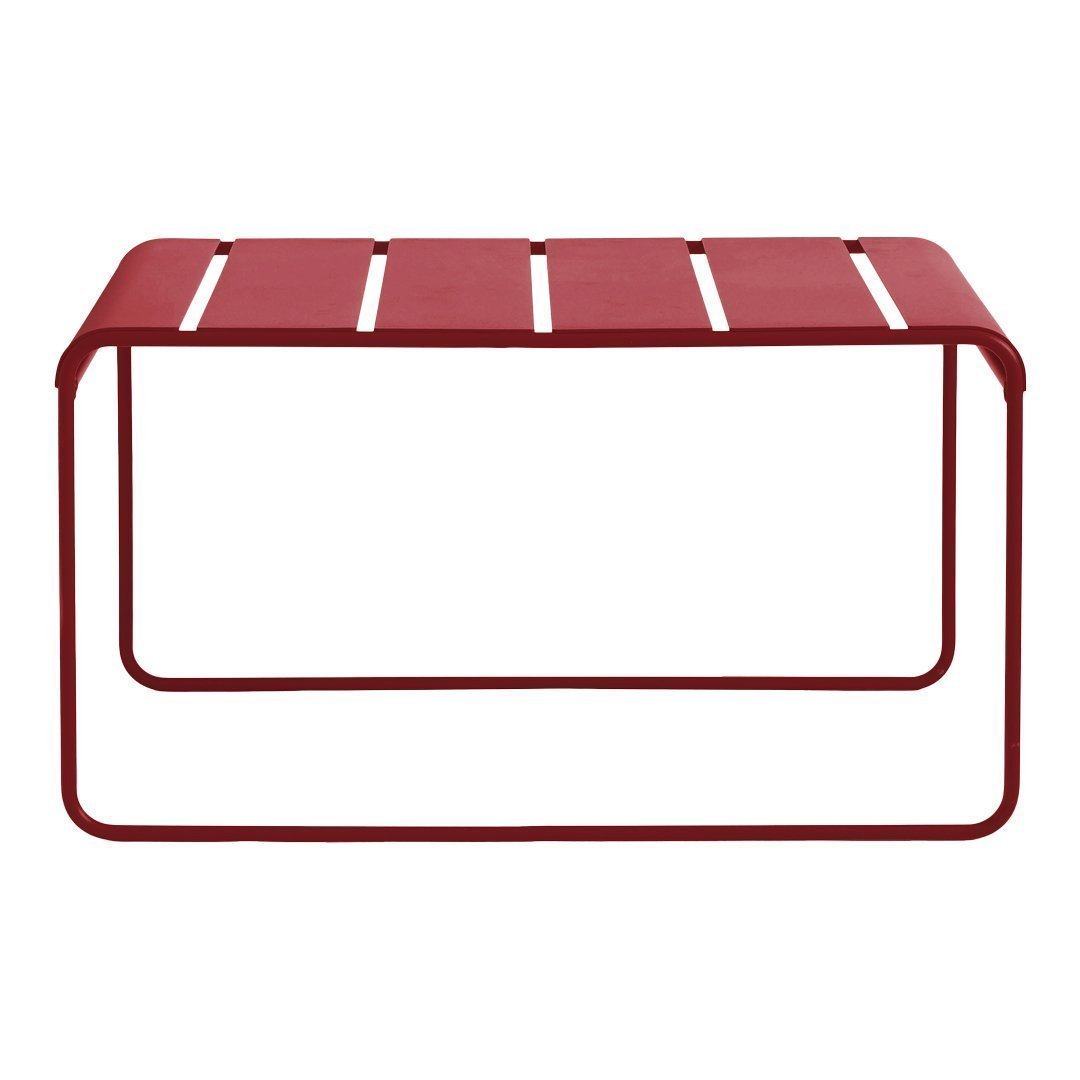 Red metal coffee table with slatted top and sleek minimalist design. Perfect for modern or outdoor settings.