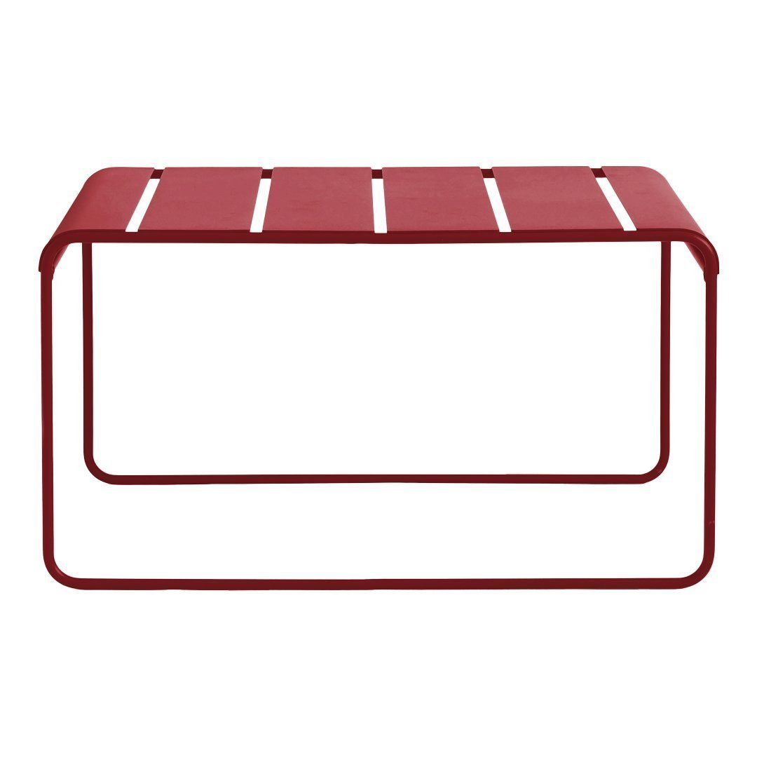 Red metal coffee table with sleek slatted design and minimalist frame. Ideal for modern outdoor or indoor decor.